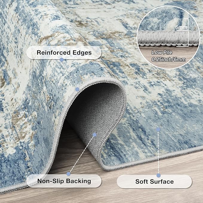8x10 Area Rugs Living Room Rug Modern Abstract Neutral Washable Rugs Non Slip Soft Carpet Large Area Rug Low Pile Stain Resistant Non Shedding for Bedroom Nursery Dining Room Home Office Blue