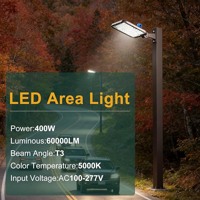 400W LED Parking Lot Lights Outdoor 60000lm(150LM/W) IP65 Commerical LED Parking Lot Lights with Smart Photocell 6KV SPD 5000K Arm Mount Flood Lighting for Parking Lot, Roadways,Stadium,Yard,-2Pack