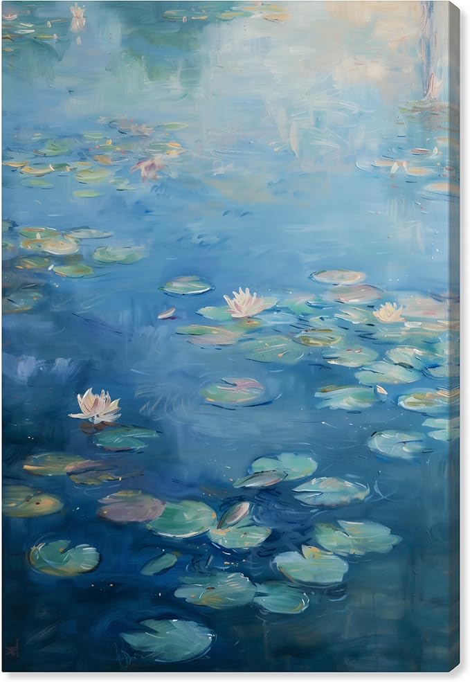 Art Remedy Lilypads In Blues Gallery Wrapped Impressionism 1 Piece Canvas Wall Art/Monet And Van Gogh Inspired Art, 24" x 36", Gallery Wrapped