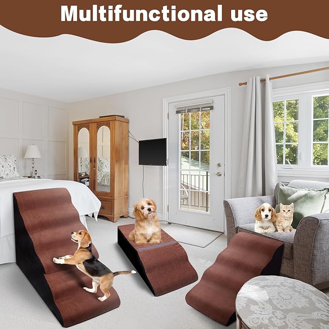 Dog Steps for High Beds 30-32" H - 6-Step Dog Stairs for Small Dogs, 33D Foam Pet Steps for High Bed with Non-Slip Bottom and Washable Cover, Dogs Ramp for Bed Indoor, Brown