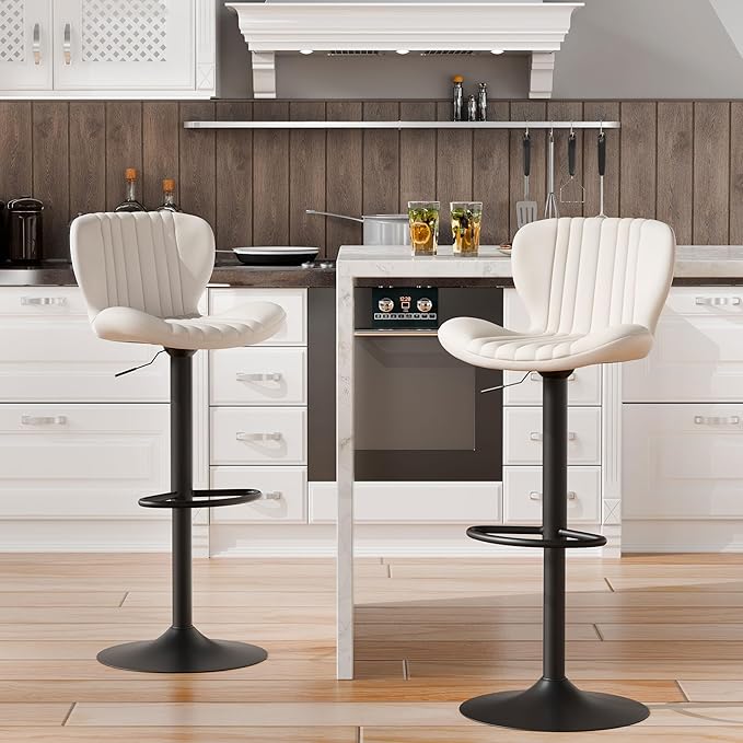 Shintenchi Bar Stools Set of 2 Modern Swivel Bar Chairs, Counter Height Faux Leather Metal Barstools, Upholstered Island Chairs with Back and Footrest, Beige