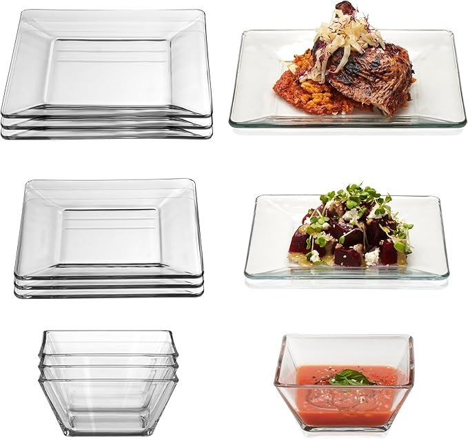 Libbey Tempered Glass Dinnerware Set, Sleek Square Clear Glass Plates and Bowls Set of 12, Dishwasher Safe Dinnerware for Parties or Everyday Use
