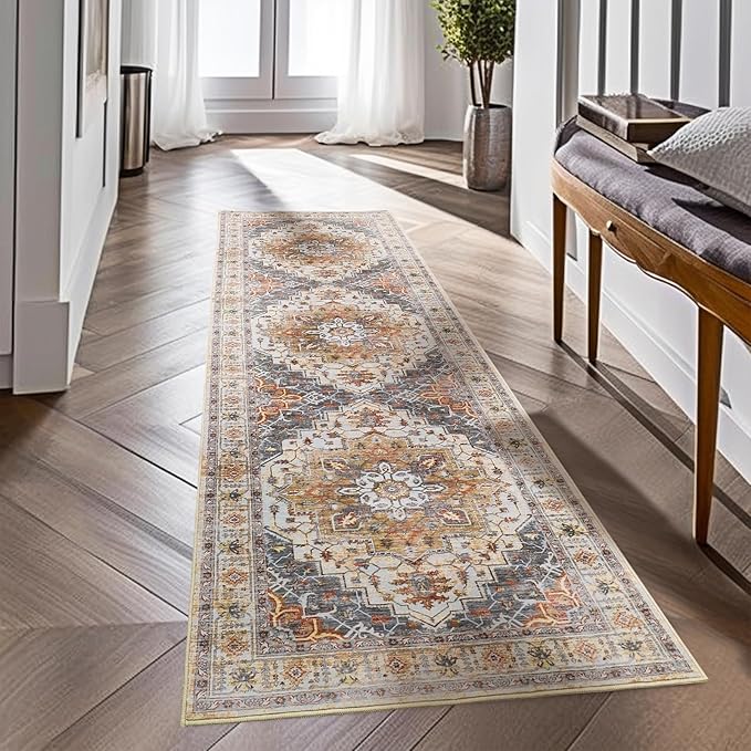 2.6'x8'Non Slip Runner Rugs - Runners for hallways, Kitchen,Entryway,Stain Resistant Washable Rugs for Bedroom, Indoor Vintage Area Rugs (Turmeric/Grey,2.6'x8')