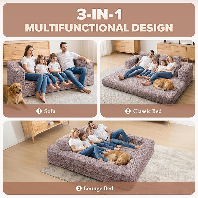 HABUTWAY Convertible Sofa Bed,3-in-1 Folding Futon Sofa Bed with Pillow, Foldable Sleeper Sofa Bed with Removable Cover,Plush Boneless Floor Chair Couch Lounge for Living Room,(Queen,Caramel)