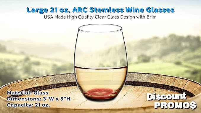 DISCOUNT PROMOS 10 ARC Stemless Wine Glasses Set, 21 oz. - Chardonnay, Cabernet, Merlot, Sauvignon - Red