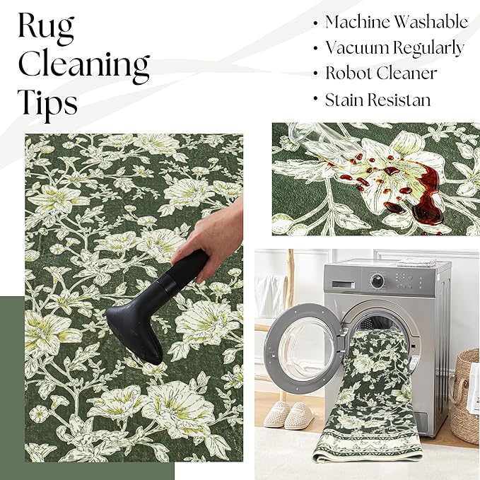 Olive Green Floral Print Area Rugs for Bedroom Living Room Boho Farmhouse Country Rustic Dining Room Carpet Soft Washable Rugs Non Slip Floor Covering for Nursery Playroom 3x8