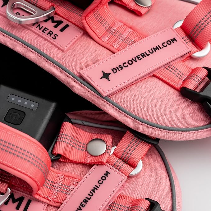 Lumi One LED Dog Harness for Night Visibility and Safety, Patent Pending, Adjustable Dog Harness Rechargeable Harness, Lumen LED Reflective Pet Apparel | Light-Up Dog Vest for Small Dogs (Pink, Small)