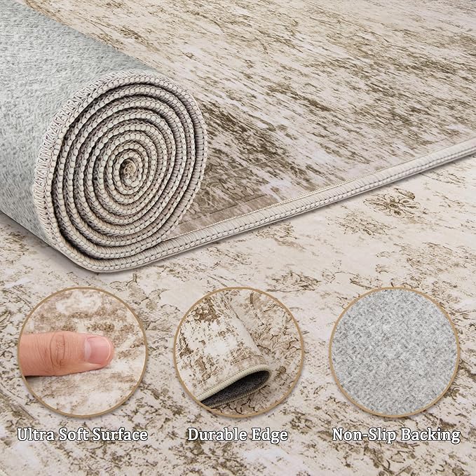 6x9 Area Rug Living Room Rugs - Washable Rug Large Modern Abstract Soft Thin Carpets Indoor Floor No Slip Vintage Carpet for Bedroom Under Dining Table Nursery Home Office Decor Beige