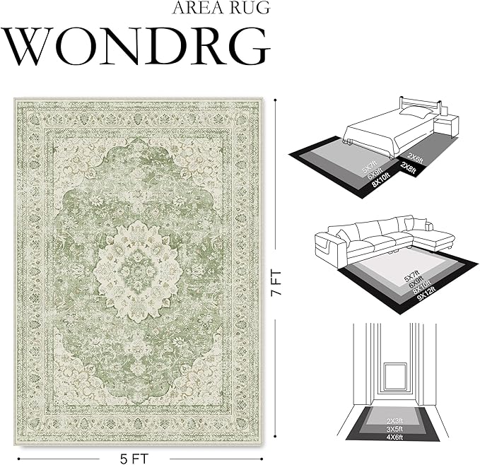 8x10 Green Washable Vintage Area Rug for Living Room Bedroom Soft Tranditional Non Slip Large Throw Rug Lightweight Floral Low Pile Distressed Carpet Office Playroom Home Decor