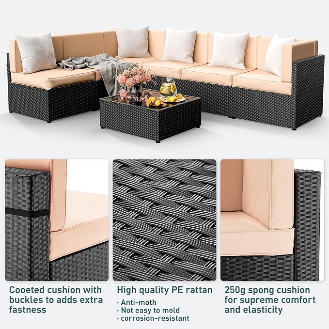 Pamapic 7 Pieces Outdoor Sectional Furniture，Wicker Patio sectional Furniture Sets，All-Weather Rattan Sectional Sofa Conversation Set with Coffee Table and Washable Couch Cushions Covers