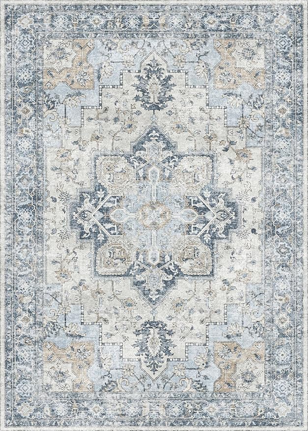 GENIMO 8x10 Area Rugs for Living Room, Machine Washable Non Slip Vintage Rugs, Low Pile Lightweigt Chenille Print Indoor Rug for Bedroom, Dining Room, Home Office, Blue