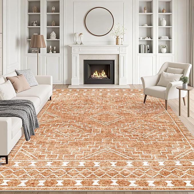 10x14 Area Rugs Living Room Rug: Washable Rug Neutral Lagre Soft Thin Carpet Indoor Floor Non Slip Boho Geometric Moroccan Carpets for Bedroom Dining Room Farmhouse Nursery Office - Dark Brown