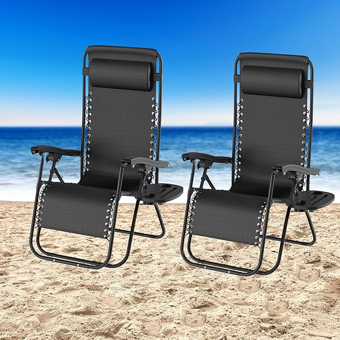 Lavish Home Set of 2 Zero-Gravity Chairs - Folding Patio Furniture - Outdoor Recliners with Side Table, Cup/Phone Holder, and Chair Pillow (Black)