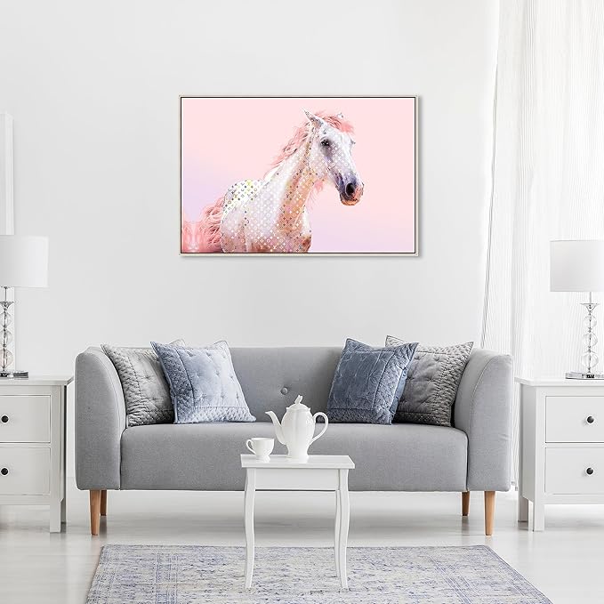 Country Farmhouse Canvas Print Painting Animal Wall Art 'Pink Glam Horse' Champagne Framed Canvas Rustic Home Décor 30x20 in Pink, White by Oliver Gal