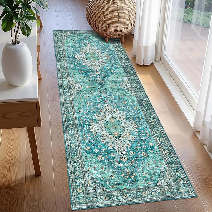 Washable Area Rug 2'6'' x 8' Vintage Traditional Persian Mat - Foldable Distressed Non-Slip Machine Washable Carpet for Living Room Bedroom Kitchen Home Decor - Teal and Gold