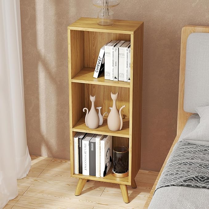 Manora Small Bookcase with 3 Open Shelves, Modern Bookshelf with Wooden Legs, Narrow Storage Organizer for Living Room, Bedroom, Office, Oak