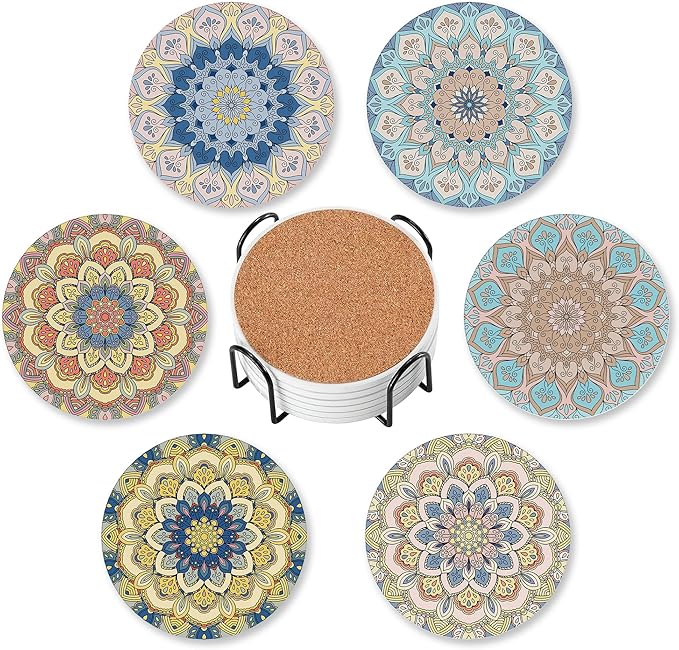 Mandala Set of 6 Coasters for Drinks Absorbing Round Ceramic Stone Coaster with Cork Base,Tabletop Protection Mat for Mugs and Cups,Office,Kitchen