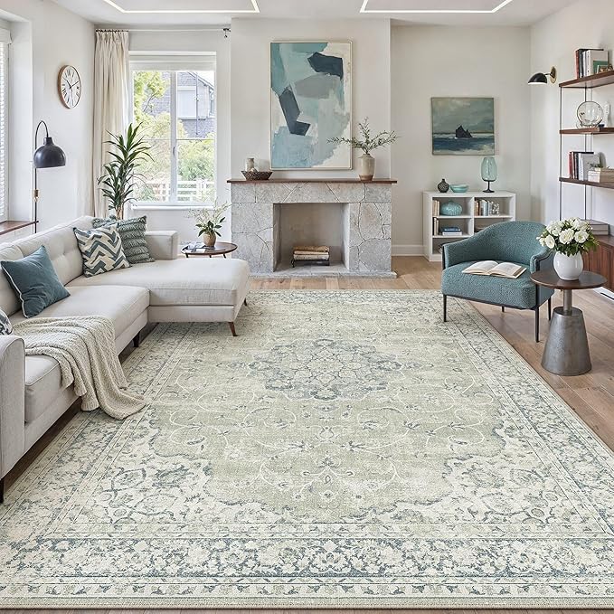 HUGEAR Machine Washable Area Rugs 6x9 Vintage Sage Green Living Room Bedroom Rug Neutral Style Non Slip Stain Resistant Low Pile Throw Carpet for Home Retro Aesthetic Modern Decor
