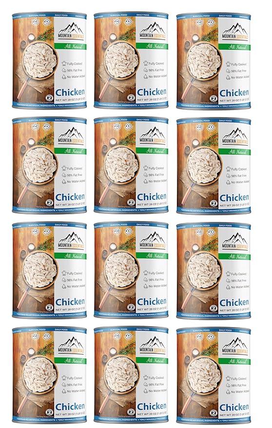 MOUNTAIN ESSENTIALS Fully Cooked Canned Chicken 28 Oz ??White Meat for Daily Meals, Camping & Emergency Food ??Great for Snack, Lunch, Dinner Recipes ??5-Year Shelf Life ??Made in USA ??Pack of 12