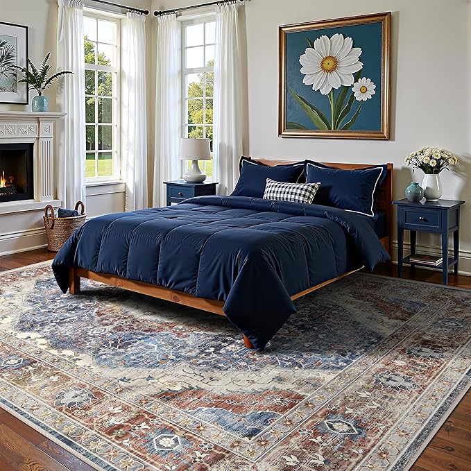 Deerly Rug 8x10 Area Rug Boho Washable Rug Large Rugs for Bedroom Living Room Vintage Non-Slip Oriental Distressed Carpet Indoor Stain Resistant(Border Brown/Navy Blue)