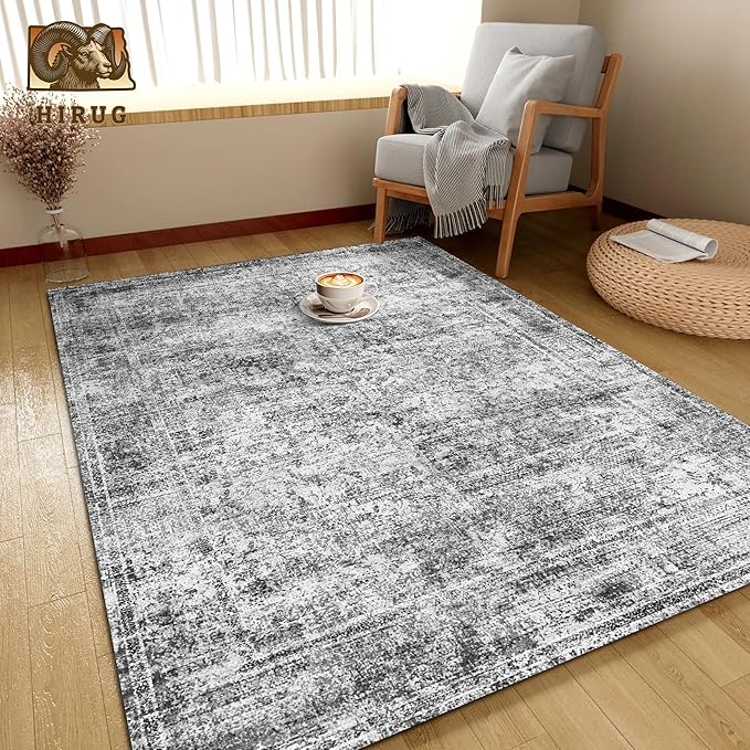 Washable Area Rug 3' x 5 ' Vintage Traditional Persian Mat - Foldable Distressed Non-Slip Machine Washable Carpet for Living Room Bedroom Kitchen Home Decor - Graphite and Mist