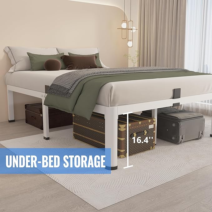 MAF 18 Inch Queen Size Bed Frame White with Round Corner Legs Mattress Slide Stopper No Box Spring Needed Heavy Duty Metal Platform Bed Frames Under-Bed Storage Space, 3000 LBS Steel Slats Support