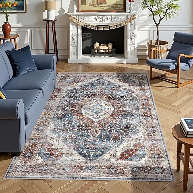 Rugs 5x7 Washable Rug, Non Slip Large Rug for Living Room Bedroom Dining Room, Low-Pile Kid & Pet Friendly Distressed 5x7 Carpet Print Floor (Border Brown/Navy Blue)