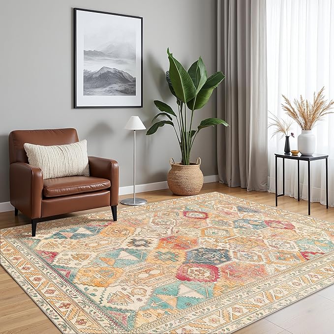 Bavni Washable Rug 5x7 Area Rug for Living Room Bedroom Dining, Washable Vintage Print Carpet, Ultra-Thin Chenille Low Pile Lightweight Rug with Non Slip Backing, Retro Multi
