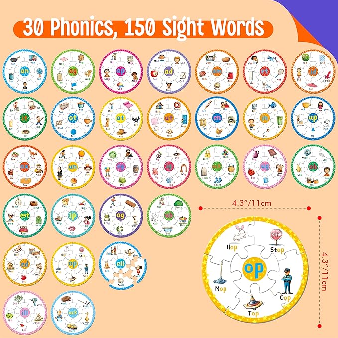 Phonics Puzzles, Short Vowel Sound Blends-30 Phonics & 150 Sight Words, Phonetic Rhyming Game Learn to Read Spell First Word Early Educational Tool for Toddlers, Preschool, Kindergarten, Homeschooling