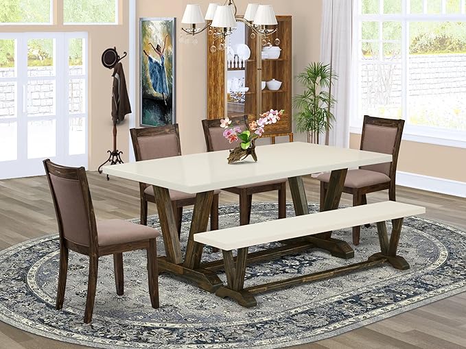 East West Furniture V727MZ748-6 6 Piece Dinette Set Contains a Rectangle Dining Room Table with V-Legs and 4 Coffee Linen Fabric Parson Chairs with a Bench, 40x72 Inch, Multi-Color