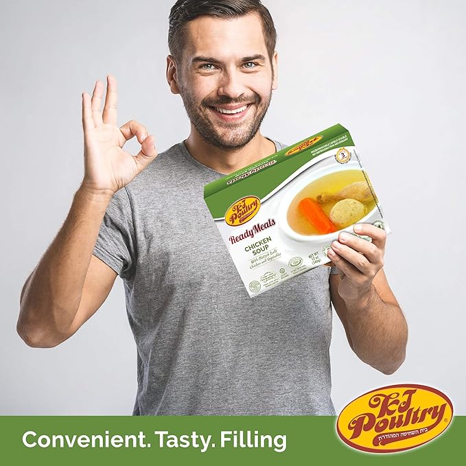 KJ Poultry Kosher Ready Meals - Matza Ball Chicken Soup & Vegetables, CHOMETZ NOT for PASSOVER, MRE Meat Meals Ready to Eat, Shabbos Food, Halal, (2 Pack) Cooked Entree, Shelf Stable Microwave Dinner