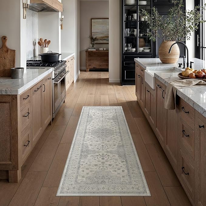 HUGEAR Machine Washable Hallway Runner Rugs 2x6 Vintage Grey Neutral Style Non Slip Stain Resistant Low Pile Throw Carpet for Bedroom Kitchen Retro Aesthetic Modern Decor