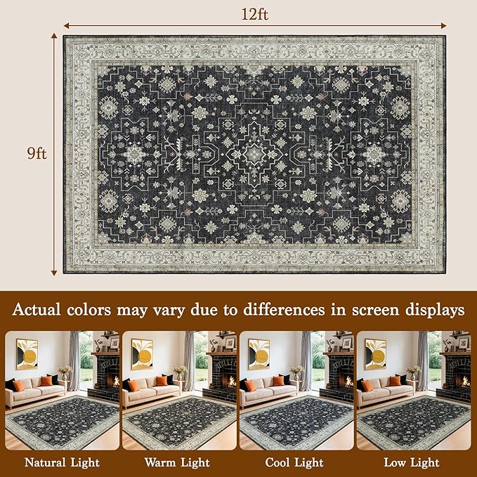 LBRO2M Distressed Black Washable Rugs 9X12 Area Rug for Living Room for Bedroom Dining Room Non Slip Farmhouse Rugs Easy Clean, Stain Resistant Carpet Great for Pets and Kids (9'X12' Charcoal Black)