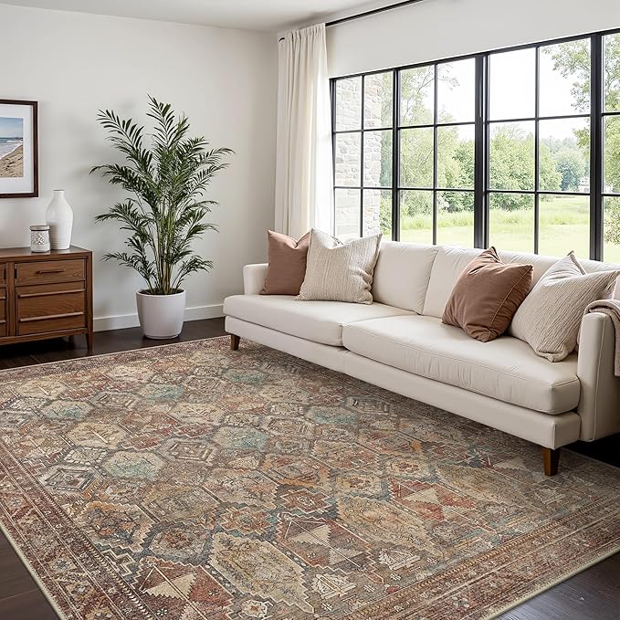 Bavni Washable Rug 3x5 Area Rug for Living Room Bedroom Dining, Washable Vintage Print Carpet, Ultra-Thin Low Pile Lightweight Rug with Non Slip Backing, Reddish Brown
