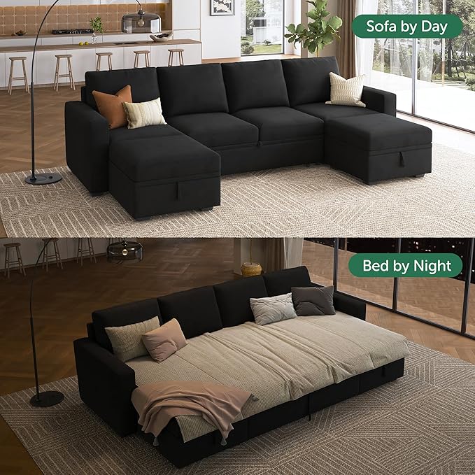 HONBAY Modular Sectional Sleeper Sofa Bed, Velvet Sectional Couch with Pull Out Bed U Shaped Modular Couch with Storage Ottoman for Living Room, Black