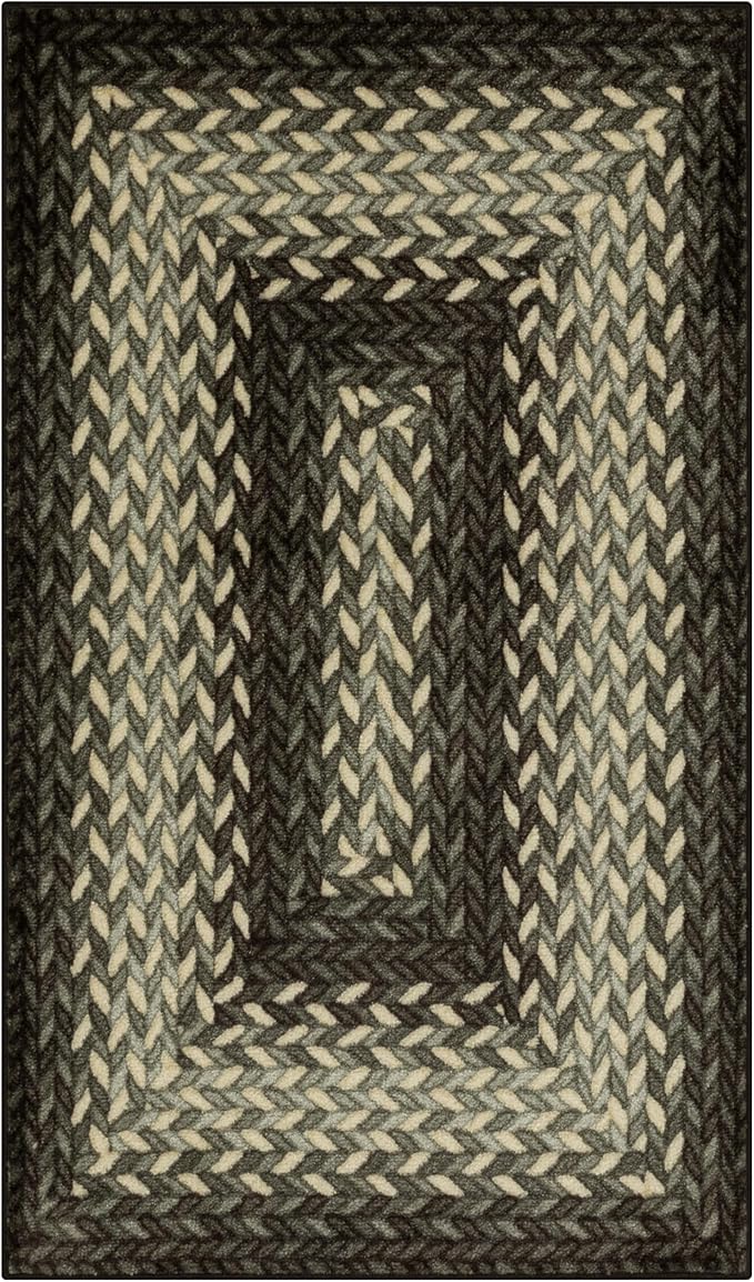 Maples Rugs Marion Bohemian Braided-Style Print Area Rug ??Made in USA ??Washable, Non-Slip Low-Profile Indoor Throw Rug for Foyer, Kitchen & Bathroom, 34" x 20", Black