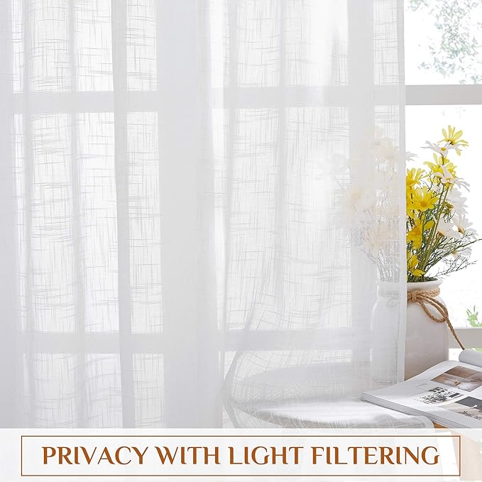 NICETOWN White Semi Sheer Kitchen Curtains 36 inch Length, Rod Pocket & Back Tab Faux Linen Blend Privacy with Light Filtering Window Drapes for Cafe, W34 x L36, 2 Panels