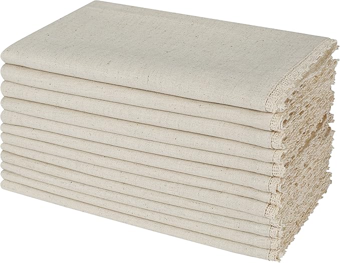 Natural Color Blend Cotton Linen Napkins Set of 12 - with Lace 18x18 Inch Decorative Elegant Washable Reusable Flax Dinner Napkin for Dining Table Décor Wedding Party Christmas New Year & Everyday Use