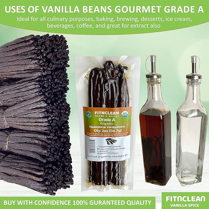 2oz Madagascar Organic Vanilla Beans Gourmet Grade A. Certified USDA Organic 6"-8" by FITNCLEAN VANILLA Bourbon Fresh for Extract, Essence, Brewing, Baking NON-GMO Whole Pods