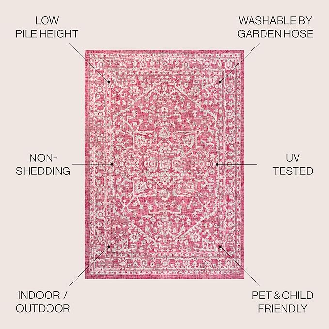 JONATHAN Y Boho Medallion Indoor Outdoor Area Rug 3X5 Fuchsia/Light Gray, Malta Textured Weave for Backyard, Patio, Porch, Easy-Cleaning, High Traffic, Pet-Friendly, Non-Shedding (SMB104E-3)