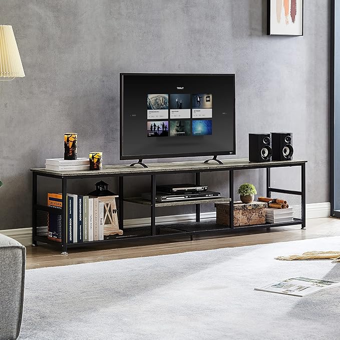 VECELO Industrial TV Stand for Televisions up to 80 Inch, 70" Entertainment Center with Open Storage Shelves for Living Room/Bedroom, 3 Tiers Media Console Table with Metal Frame, Grey, 70 Inches
