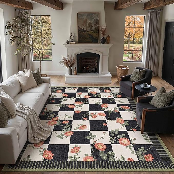 HUGEAR 8x10 Checkered Area Rugs Machine Washable Black and White Large Living Room Rug Floral Print Non-Slip Stain Resistant Low Pile Indoor Throw Carpet for Bedroom Home Unique Aesthetic Modern Decor