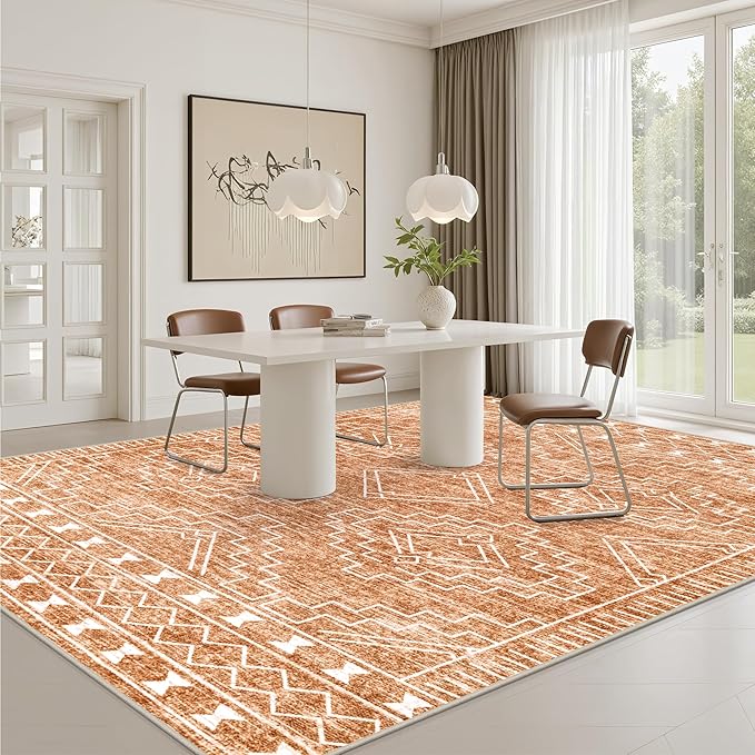 10x14 Area Rugs Living Room Rug: Washable Rug Neutral Lagre Soft Thin Carpet Indoor Floor Non Slip Boho Geometric Moroccan Carpets for Bedroom Dining Room Farmhouse Nursery Office - Dark Brown