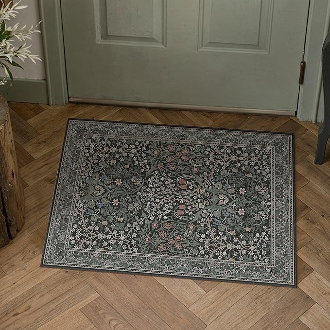 HUGEAR Vintage Floral 2x3 Machine Washable Small Entryway Area Rugs Black Green Retro Neutral Non Slip Stain Resistant Low Pile Throw Carpet for Hallway Kitchen Aesthetic Modern Decor