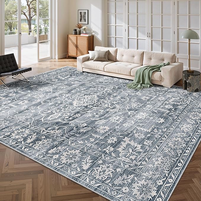 8x10 Washable Area Rugs for Living Room, Vintage Floral Stain Resistant Non-Slip Low Pile Natural Rug Soft Throw Large Carpet for Dining Room Bedroom Home Office (Blue, 8'x10')