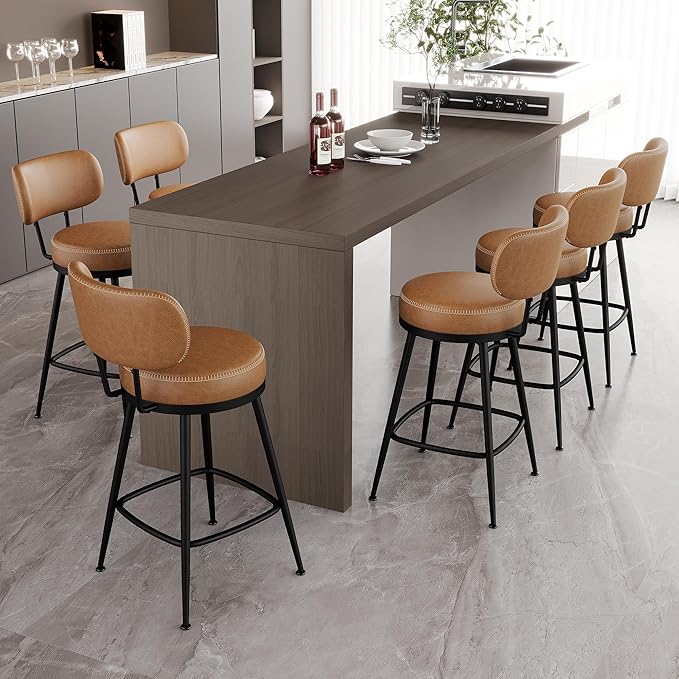 Counter Height Bar Stools, 26" H Swivel Barstools Set of 6, Faux Leather Kitchen Counter Stools with Back and Stylish Stitching, Metal Frame, Pub, Home Bar, Whisky Brown