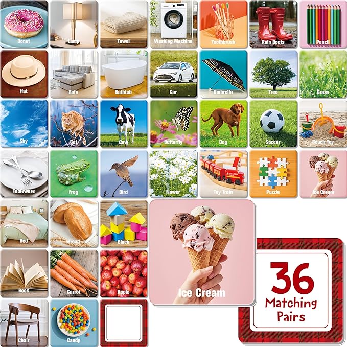 72 PCS Daily Items Matching Game, 36 Designs Everyday Objects Memory Cards Engaging Picture Matching Game, Educational Learning Toys for Preschool 4 5 6 Years Old