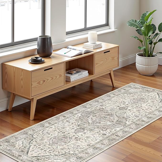 2x6 Runner Rugs for Hallway Non-Slip Fall Runner Rugs with Rubber Backing Washable Rug Runner for Kitchen Bedroom Vintage Distressed Carpet (Border Cream)
