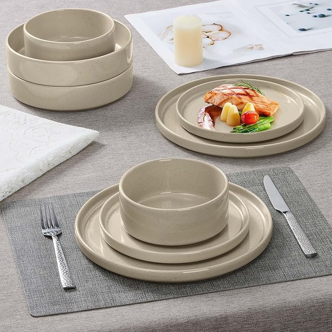 Herogo 24 Piece Dinnerware Sets with Double Bowls, Stoneware Plate and Bowls Set for 6, Ceramic Dinner Dishware for Kitchen Dining, Microwave & Dishwasher Safe, Speckled Khaki