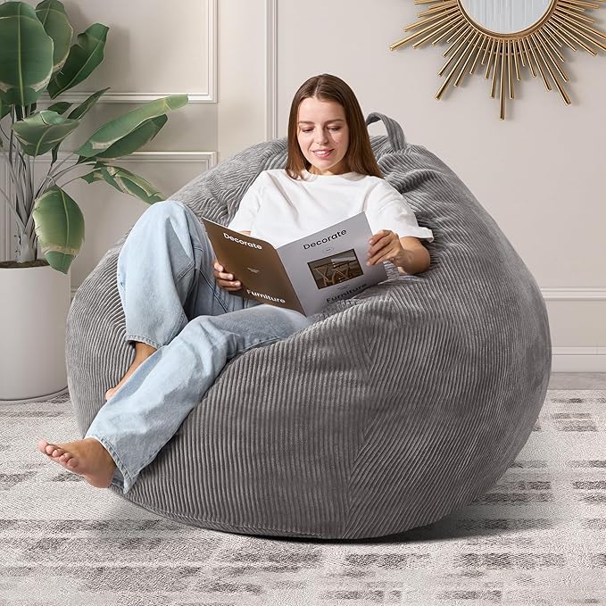 3.5FT Bean Bag Chairs Teardrop Bean Bag Chair for Adults Beanbag Chair with Memory Foam Filled Machine Washable Cover for Living Room, Bedroom (Large,Grey)